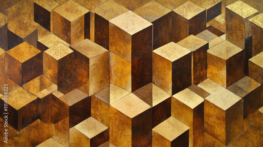 Poster a visually captivating arrangement of golden cubes in a 3d pattern, showcasing depth, shine, and con