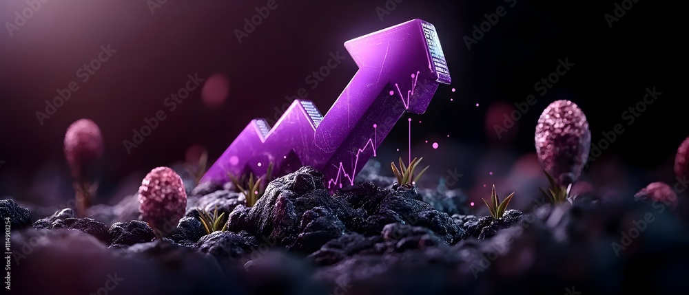 Poster soaring purple infographic chart against a darkened retrofuturistic environment conveying ideas of f
