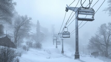 A wintery fog-filled scene with empty ski lift chairs above a snowy landscape, capturing the quiet beauty of an off-season ski resort.