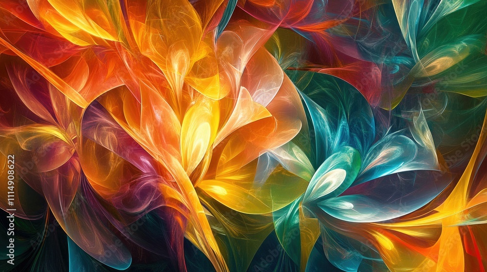 Fototapete Abstract glowing shapes in a bright and energetic pattern, symbolizing movement and depth through radiant light in a dynamic visual experience.