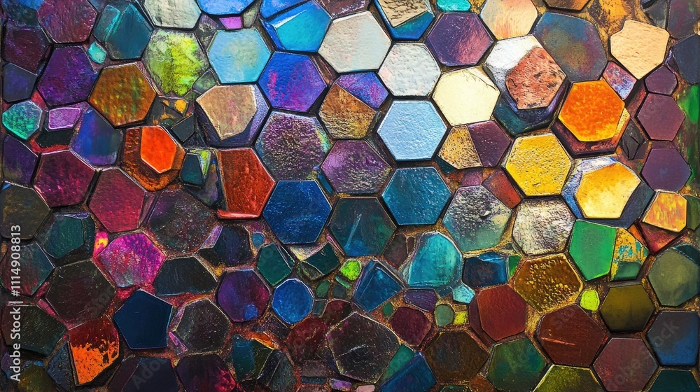 Poster An abstract arrangement of hexagonal shapes with a glowing metallic sheen in a spectrum of vibrant colors, creating a striking visual contrast.