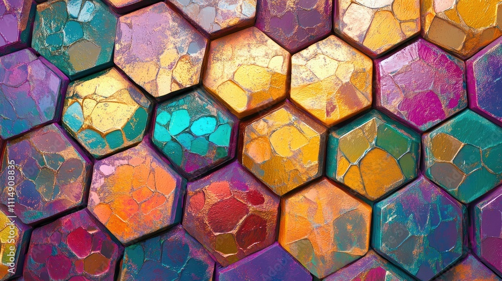 Poster An abstract arrangement of hexagonal shapes with a glowing metallic sheen in a spectrum of vibrant colors, creating a striking visual contrast.