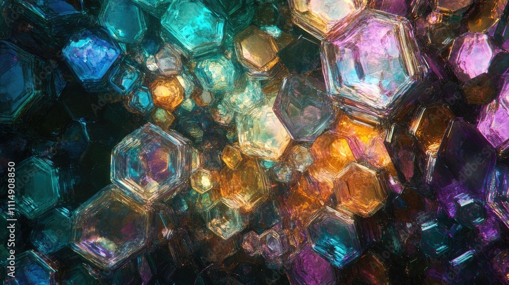 Poster An abstract arrangement of hexagonal shapes with a glowing metallic sheen in a spectrum of vibrant colors, creating a striking visual contrast.