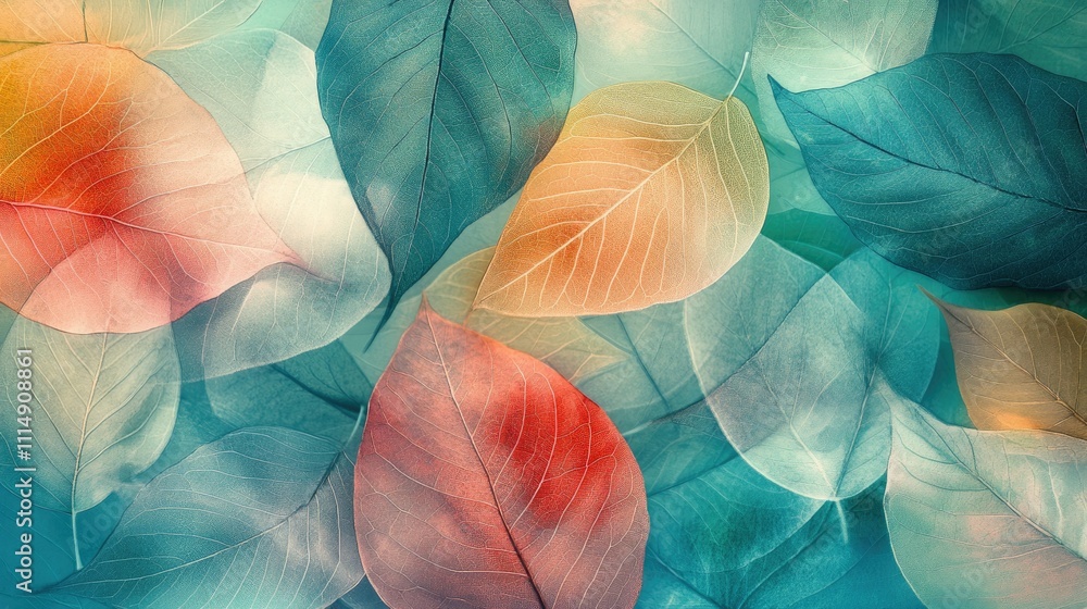 Poster an abstract, artistic display of translucent, colorful leaves layered on a turquoise background, cre