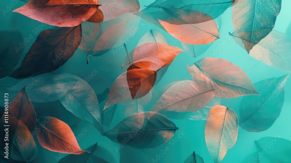 Poster an abstract, artistic display of translucent, colorful leaves layered on a turquoise background, cre