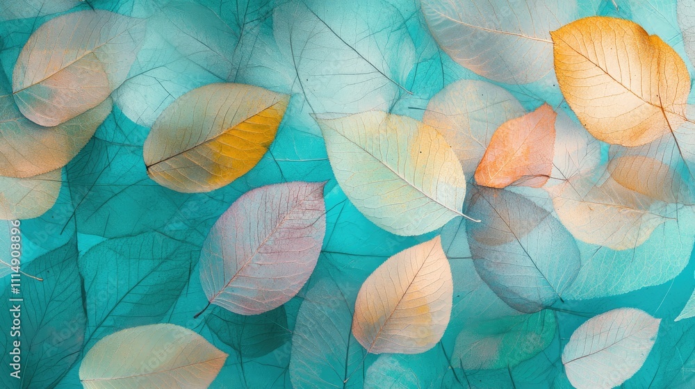 Poster an abstract, artistic display of translucent, colorful leaves layered on a turquoise background, cre