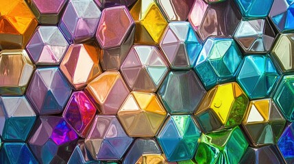 An abstract arrangement of hexagonal shapes with a glowing metallic sheen in a spectrum of vibrant colors, creating a striking visual contrast.