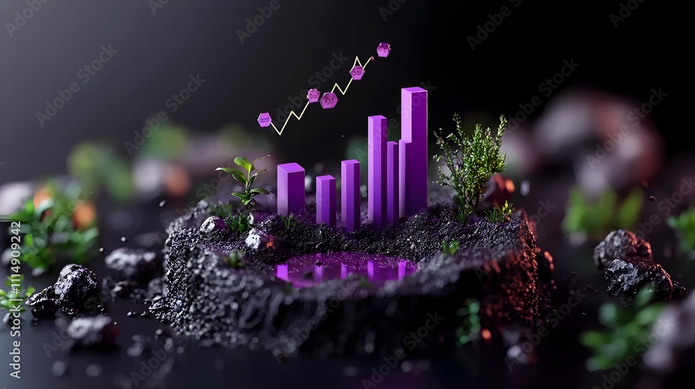 Poster minimalist purple chart graph floating in a dark moody scene with a subtle mockup zone visualizing t