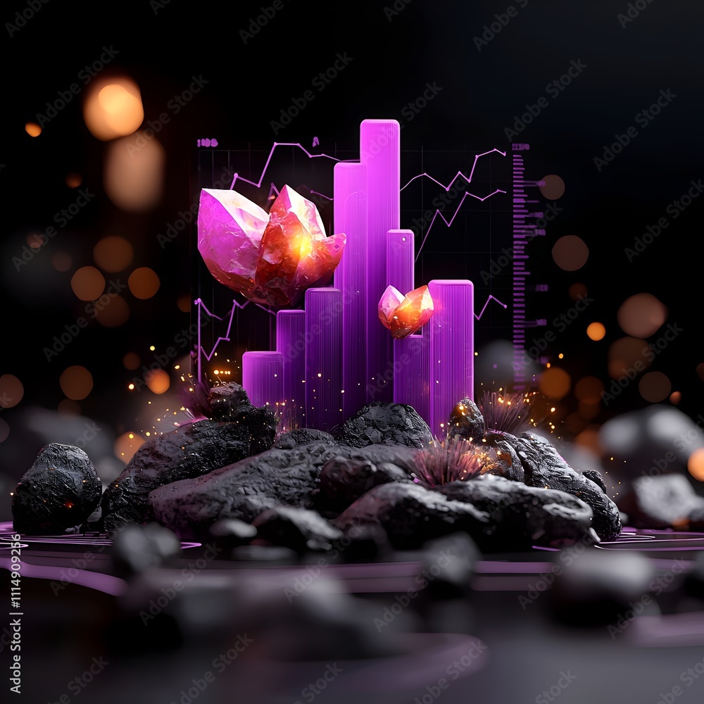 Poster mystical and glowing data visualization chart blossoming from a shadowy environment