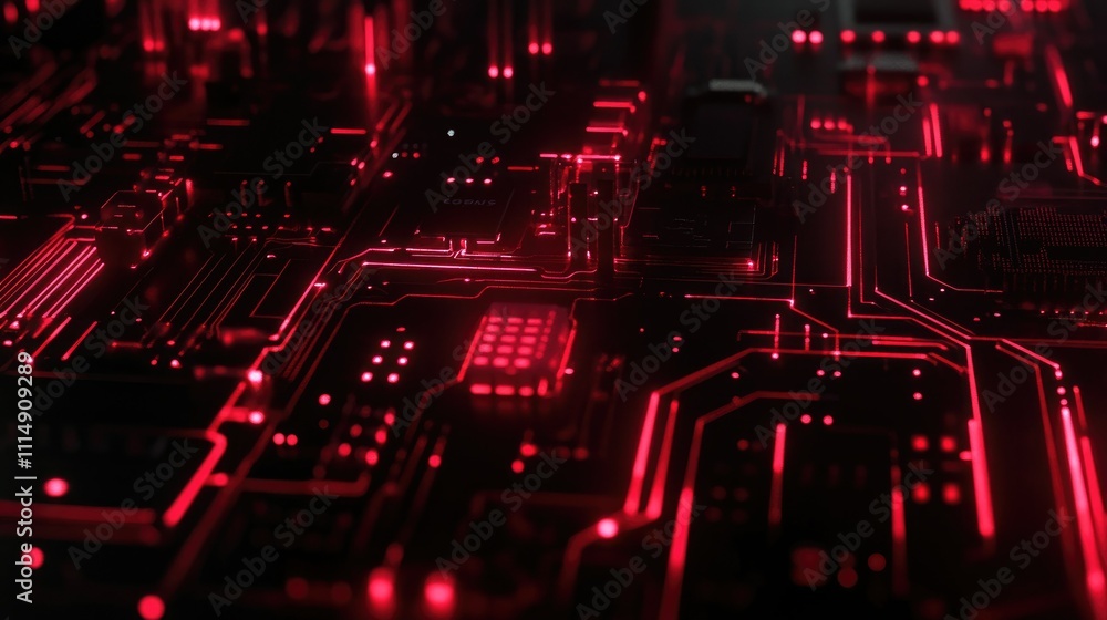 Poster Detailed shot of a circuit board with neon red traces and microchips, highlighting advanced electronics and design.