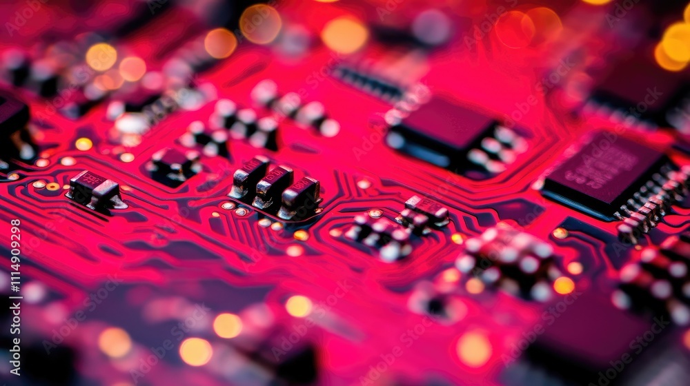 Poster Detailed shot of a circuit board with neon red traces and microchips, highlighting advanced electronics and design.