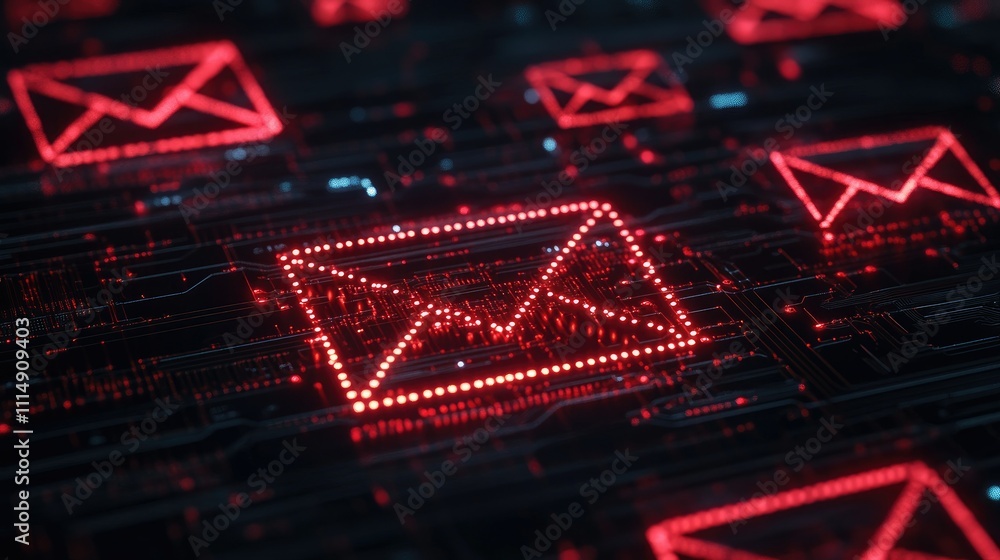 Poster glowing red email icons on a dark, futuristic circuit board, illustrating the power of digital commu