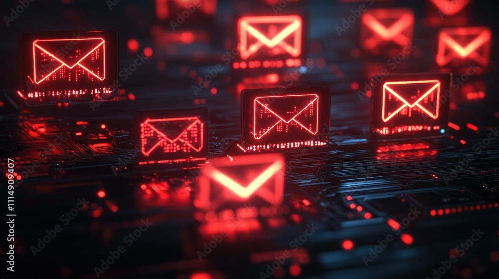 Poster Glowing red email icons on a dark, futuristic circuit board, illustrating the power of digital communication networks in today's world.