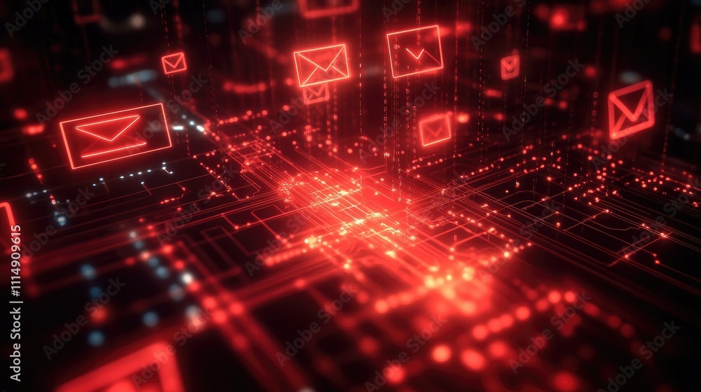 Poster Red email icons lighting up a dark circuit board, representing the flow of digital messages and communication across technological networks.