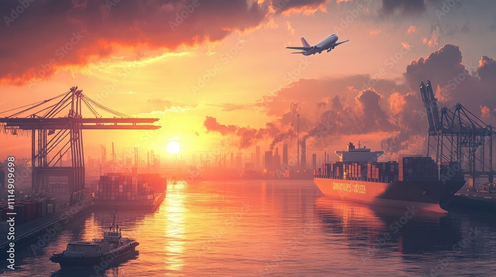 Poster the sun rising over a busy port with cranes lifting containers onto a large cargo ship, while a carg