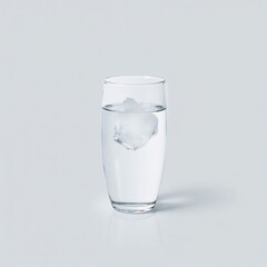 A clear glass tumbler filled with water and a single ice cube, placed on a light gray background.