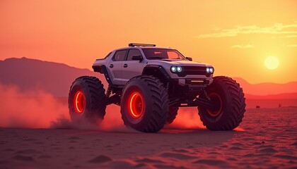 A futuristic off-road vehicle with massive glowing wheels, driving through a neon-lit desert landscape at sunset.