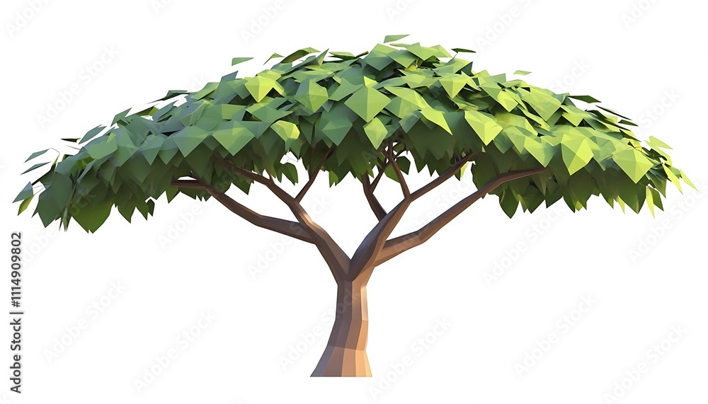 Poster a stylized, low-poly tree with a broad canopy and a textured trunk.