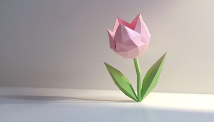 A stylized, low-poly pink tulip with green leaves on a minimalist surface.