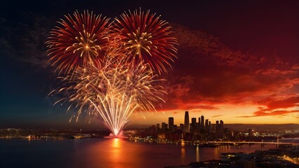 Fototapeta premium Fireworks on the dark sky background