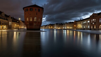 Fototapeta premium Night cityscape with round tower reflecting in calm water.