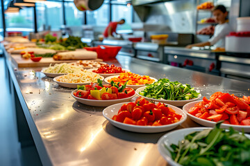 pizza making party, children laughing and creating their own mini pizzas, vibrant toppings inspiring creativity and enjoyment for all