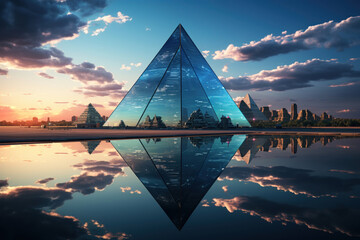 modern buildings made of glass and metal in the shape of a pyramid 