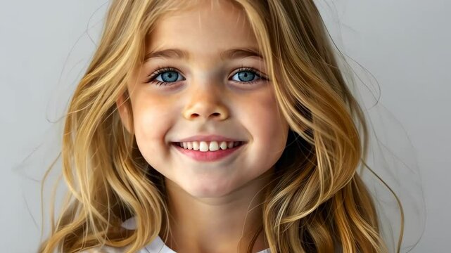Beautiful blonde kid model in white mockup tshirt, showcasing a radiant smile and long flowing hair.