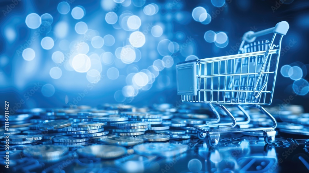 Poster a shopping cart rests on a reflective surface scattered with coins, illuminated by a soft blue bokeh
