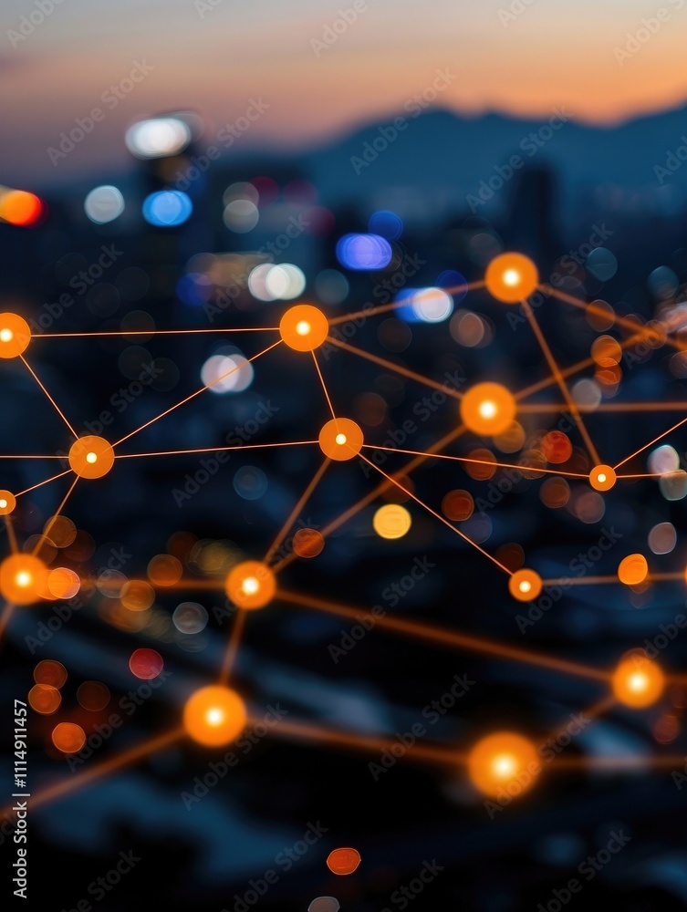 Poster a network of glowing nodes connected by lines against a blurred cityscape backdrop at dusk.