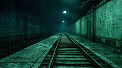 Fototapeta premium Decrepit Empty Train Station at Night with Dim Lighting and Abandoned Platform