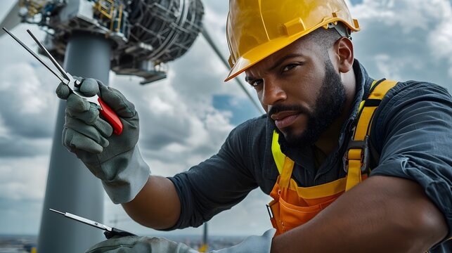 Technician in safety gear inspecting and servicing an offshore wind energy generator muscular man wielding specialized tools with focused expression
