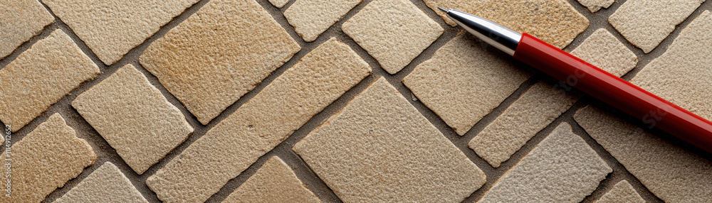 Poster a close-up view of textured paving stones with a red pen resting on top, highlighting the design and