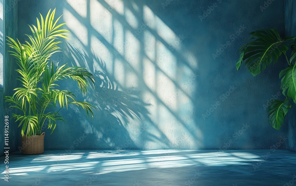 Poster minimal abstract background with blue palm leaf shadow on wall for spring and summer product present