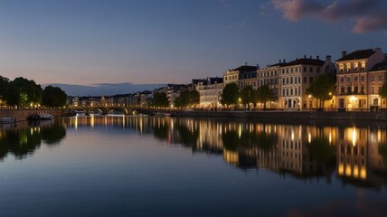 Naklejka premium Calm river reflecting illuminated buildings at twilight.