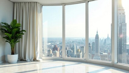 the interior of a large apartment in a skyscraper in bright colors, green plants next to the window, free space for text on top