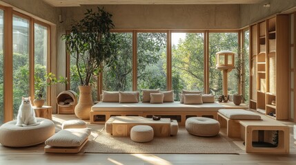 Fototapeta premium Cozy Cat Playground Interior Design with Minimalist Furniture and Natural Wood Elements in a Serene Atmosphere