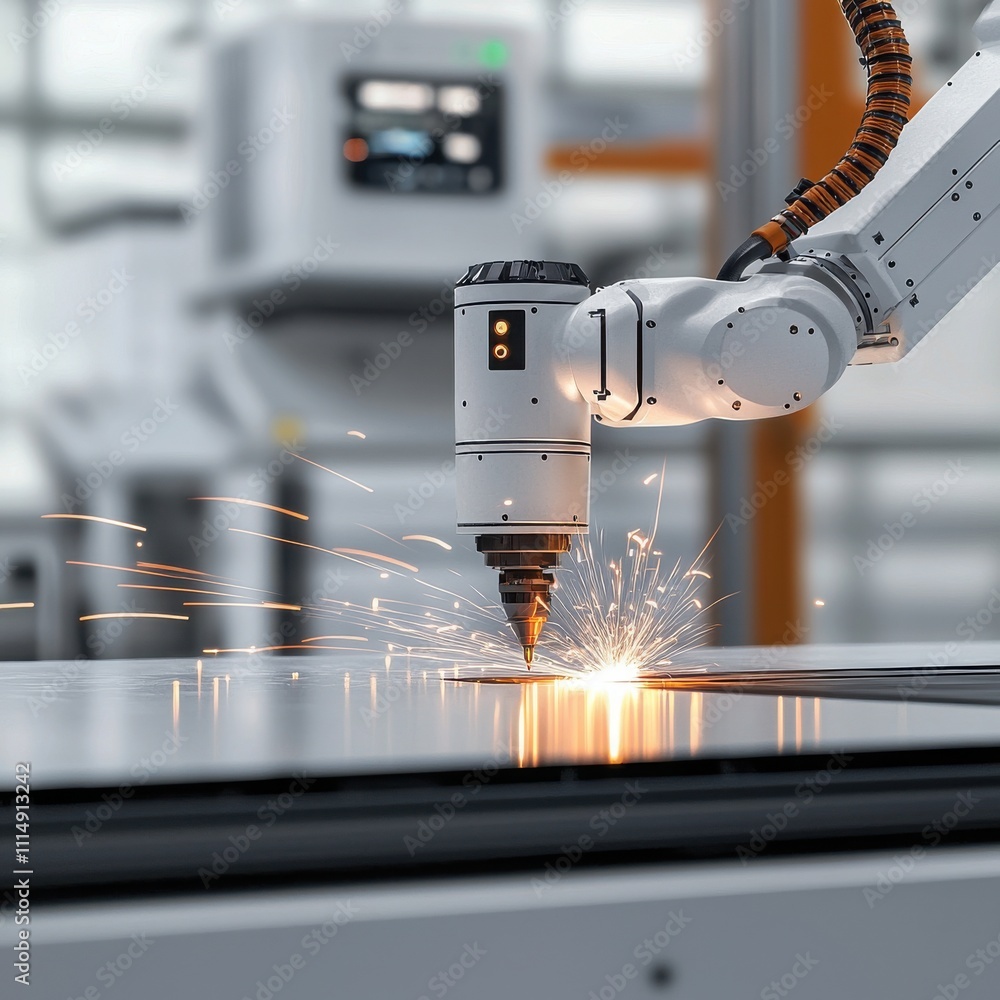 Poster high-speed robotic arm executing precision metal laser welding in advanced industrial workshop captu