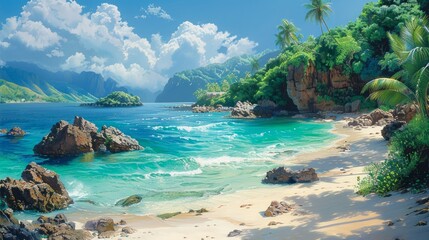 Fototapeta premium Tranquil tropical beach scene with turquoise water, palm trees, and rocky shoreline.