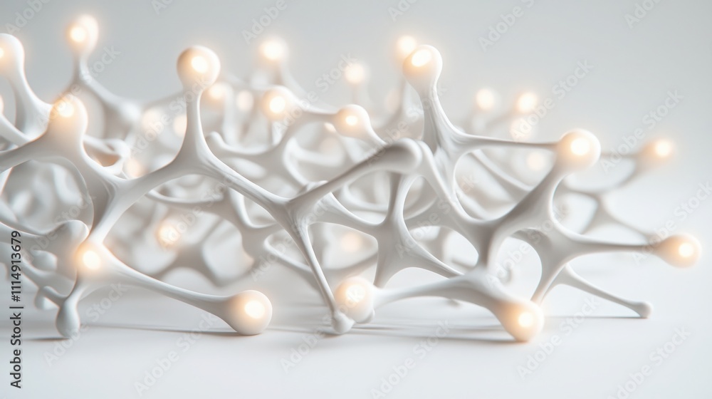 Poster innovative bioinspired polymer chains forming a glowing structure in a contemporary laboratory setti