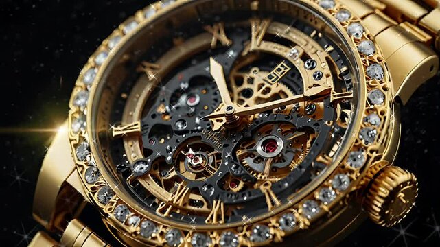 A luxurious men's watch that sparkles with diamond embellishments. Seamless 4K looping timelapse video animation background