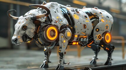 Fototapeta premium A futuristic robotic bull with glowing elements, showcasing advanced technology and design.