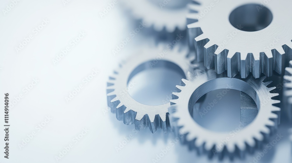 Poster intricate metallic gears interlock seamlessly, showcasing precision in engineering against a soft, b