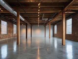 Fototapeta premium An empty warehouse interior with an industrial, minimalist vibe, showcasing polished concrete floors and exposed beams