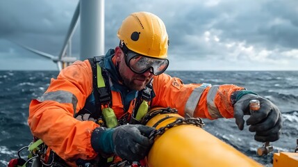Obraz premium Hardworking offshore wind turbine mechanic in protective equipment diligently inspecting turbine blades amidst rough stormy conditions showcasing technical precision and cinematic industrial realism
