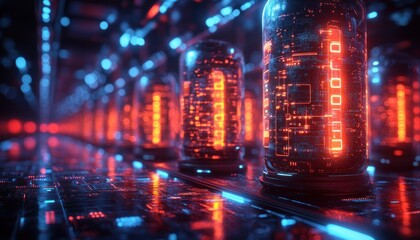 Obraz premium Digital Data Storage Cyberpunk Scene with SQL Database Query Visualization and Neon Lights