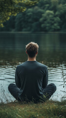 Fototapeta premium Man meditating in lotus pose by a calm lake with lush green trees
