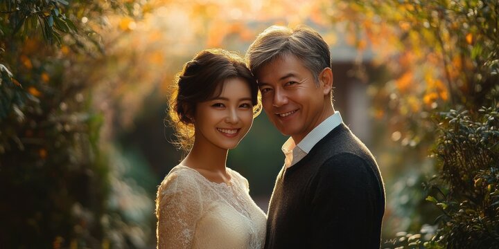 Happy Senior Asian Couple Smiling in Serene Garden Embracing Natural Light