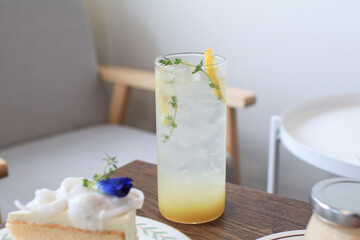 Iced lemonade with mint. Summer refreshing drink or alcohol cocktail. Fresh healthy cold beverage. 
