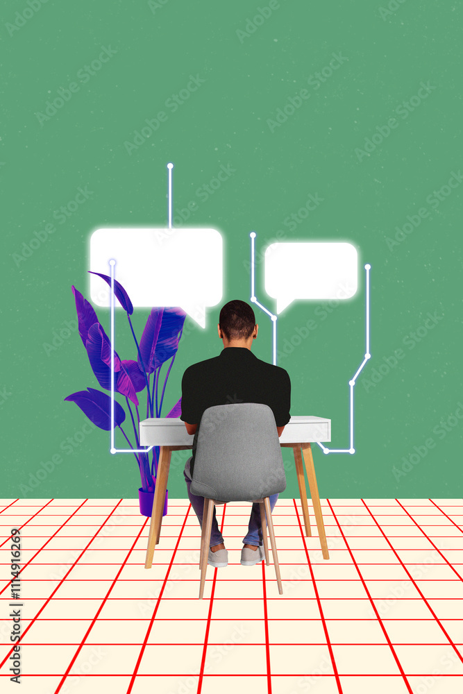 Poster vertical photo collage of anonym guy sit chair back table matrix bubble cyberspace ai app web helper